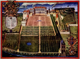 Vista del jardín real (jardín de plantas) - en Descripción del jardín real de plantas medicinales por Scalberge