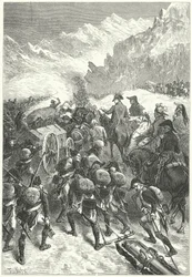 Napoleón liderando su ejército sobre los Alpes