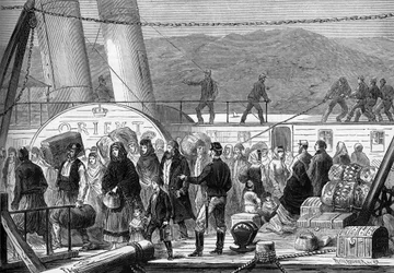 La Guerra del Este (1875-1878), también conocida como la Guerra Ruso-Turca: En el Danubio, desembarco en Baziarch de las familias judías fugitivas de Rustchuck y Widdin en mayo de 1877 (grabado)