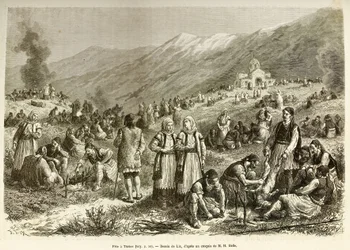 Una fiesta en Tebas, la del careme de la Virgen, que reúne a todos los habitantes de la ciudad y sus alrededores, cada familia roba una oveja para la ocasión, en primer plano, los hombres preparan el animal antes de cocinarlo. Grabado después del dibujo de