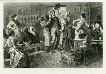 Un hirtztag, una especie de carnaval donde todo está permitido para las mujeres, en el Sundgau. Grabado de Lix para ilustrar la historia A través de Alsacia y Lorena, de Charles Grad, diputado alemán, en 1885, en Le Tour du Monde 1886, dirigido por Edouard