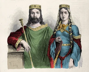 Clodoveo (481-511), rey de los francos, con su segunda esposa santa Clotilde (Clothilde), reina. Grabado de Lix.