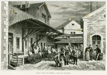 Lechería en el Salón de la Leche de Mulhouse. Grabado de Lix para ilustrar la historia A través de Alsacia y Lorena, por Charles Grad, diputado alemán, en 1885, en Le Tour du monde 1887, bajo la dirección de Edouard Charton (1807-1890), Hachette, París.