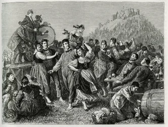Fiesta de los pastores en el Hohneck (Vosgos), domingo después de San Juan. Grabado de F. Lix, para ilustrar la historia "A través de Alsacia y Lorena" en 1884, por Charles Grad (1842-1890), diputado alemán, escritor y naturalista. Publicado en Le Tour du 