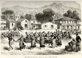 Danza folclórica en la plaza del pueblo Haggia Anna (Santa Ana). Grabado según el dibujo de Lix, para ilustrar el viaje a Grecia, por Henri Belle, en 1861-1868-1874, publicado en “Le tour du monde” 1876, editado por Edouard Charton, edición Hachette, París