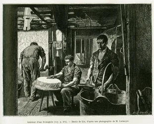 Dentro de una fábrica de quesos. Grabado de Lix, para ilustrar la historia A través de Alsacia y Lorena, de Charles Grad, diputado alemán, en 1885, en Le Tour du Monde 1887, bajo la dirección de Edouard Charton (1807-1890), Hachette, París.