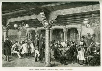 Interior de la taberna Tiefenkeller en Estrasburgo. Grabado de Lix, para ilustrar la historia A través de Alsacia y Lorena, en 1887, de Charles Grad, diputado alemán, en Le Tour du Monde 1888, dirigido por Edouard Charton (1807-1890), Hachette, París.
