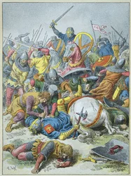 El rey Felipe Augusto en la Batalla de Bouvines en 1214 (grabado)