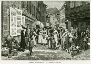 Cantante de lamentos en las calles de Barr. Grabado de Lix, para ilustrar la historia A través de Alsacia y Lorena, en 1887, de Charles Grad, diputado alemán, en Le Tour du Monde 1888, dirigido por Edouard Charton (1807-1890), Hachette, París.