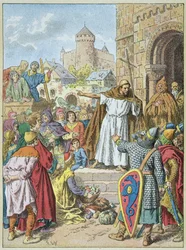 Pedro el Ermitaño alabando la cruzada en 1095 en el Concilio de Clermont ante el pueblo y los caballeros (grabado)