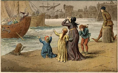 Canción popular: “A Nantes est arrivé”. Niños lloran a su madre, llevada por un marinero. Ilustración (detalle) de Frédéric Théodore Lix (1830-1897) en “Chansons et rondes enfantines des provinces de la France”