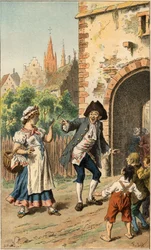 Canción popular: "En París hay una dama". Un hombre se burla de una criada y su cara está cubierta de betún. Ilustración de Frédéric Théodore Lix (1830-1897) en "Chansons et rondes enfantines des provinces de la France"