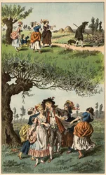 Canción popular: "Éramos tres chicas". Ilustración de Frédéric Théodore Lix (1830-1897) en "Chansons et rondes enfantines des provinces de la France"
