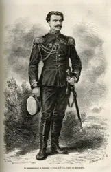 Retrato del viajero y narrador Teniente Coronel de Prjewalski, dibujo de F.Lix para ilustrar el viaje a Mongolia y la tierra de los Tangutes de 1870 a 1873, por el Teniente Coronel de Prjewalski. Grabado en Le tour du monde