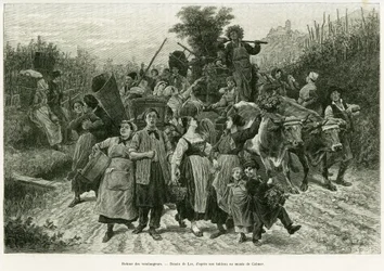 Regreso de la cosecha. Grabado de Lix, para ilustrar la historia A través de Alsacia y Lorena, en 1887, de Charles Grad, diputado alemán, en Le Tour du Monde 1888, dirigido por Edouard Charton (1807-1890), Hachette, París.
