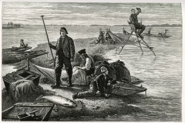 Pesca de salmón. Grabado de F.Lix, para ilustrar la historia “Through Alsace and Lorraine”, en 1884, de Charles Grad (1842-1890), diputado alemán, escritor y naturalista. Publicado en Le Tour du Monde, nuevo diario de viajes, segundo semestre de 1885, edit