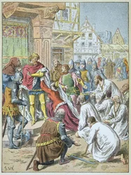 Sitio de Calais por Eduardo III en 1346 - 1347. La reina Felipa de Henao rogó a su esposo que perdonara a los burgueses de Calais.