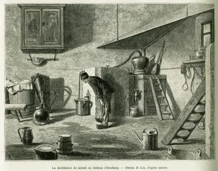 La destilación del kirsch en el castillo de Isenburg. Grabado por Lix, para ilustrar la historia A través de Alsacia y Lorena, en 1887, por Charles Grad, diputado alemán, en le tour du monde 1888, dirigido por Edouard Charton (1807-1890), Hachette, París.