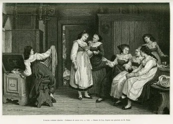 El antiguo traje alsaciano. Grabado por Lix, después de una pintura Presente de Noces por Pabst, para ilustrar la historia A través de Alsacia y Lorena, por Charles Grad, diputado alemán, en 1885, en le tour du monde 1887, bajo la dirección de Edouard Char