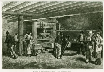 La prensa de vino de los vinicultores alsacianos. Grabado por Lix, para ilustrar la historia A través de Alsacia y Lorena, en 1887, por Charles Grad, diputado alemán, en le tour du monde 1888, dirigido por Edouard Charton (1807-1890), Hachette, París.