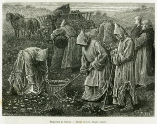 Trapenses trabajando. Grabado por Lix para ilustrar la historia A través de Alsacia y Lorena, por Charles Grad, diputado alemán, en 1885, en le tour du monde 1887, bajo la dirección de Edouard Charton (1807-1890), Hachette, París.