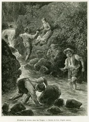 Pescadores de truchas en los Vosgos. Grabado de Lix, para ilustrar la historia A través de Alsacia y Lorena, de Charles Grad, diputado alemán, en 1885, en Le Tour du Monde 1887, bajo la dirección de Edouard Charton (1807-1890), Hachette, París.