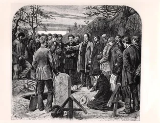 Victor Hugo en Guernsey pronunciando la oración fúnebre de un compañero en el exilio, c.1880
