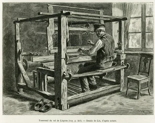 Tejedor del Valle de Liepvre. Grabado de Lix, para ilustrar la historia A través de Alsacia y Lorena, en 1887, por Charles Grad, diputado alemán, en Le Tour du monde 1888, dirigido por Edouard Charton (1807-1890), Hachette, París.