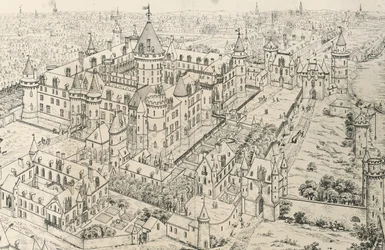 El Louvre en París en la época de Carlos V, Sabio (siglo XIV), dibujo de Frederic de Clarac (1777-1847), Francia