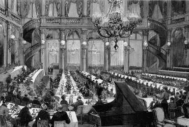 Concierto de cena en el salón de fiestas del Grand Hotel de París. Grabado por De Haenen en “The Illustrous World” n°1250 del 12 de marzo de 1881.