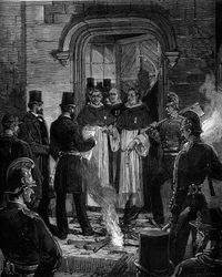 Expulsión de los dominicos de la Rue de Jean de Beauvais en París tras los decretos de marzo de 1880 tomados por Jules Ferry y eliminando el derecho a enseñar a miembros de congregaciones religiosas no autorizadas: lectura del acta de notificación de los d