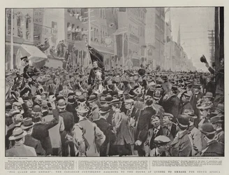 Por la Reina y el Imperio, el contingente canadiense marchando hacia los muelles en Quebec para embarcar hacia Sudáfrica