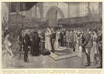 La ceremonia de la boda en la Groote Kerke, realizada por el pastor Van der Vlier, los novios intercambiando anillos