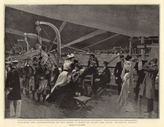 Observando las iluminaciones de la flota, una escena a bordo del transatlántico Kiidonan Castle