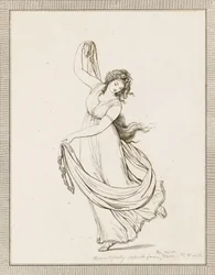 Emma, Lady Hamilton, en una pose clásica, bailando y apoyada sobre su pie derecho