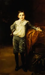 Retrato de un Maestro Eckstein, de Pie a Longitud Completa, Apoyado en un Cofre Cubierto, 1902