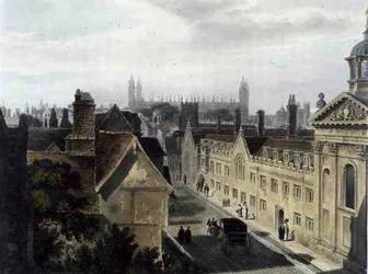 Exterior del Pembroke College, desde una ventana de Peterhouse, Cambridge, de 