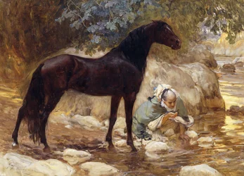 Un árabe dando de beber a su caballo junto a un río, c.1890-1900