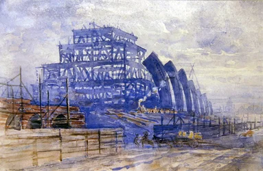 La construcción del cobertizo del tren, estación de St. Pancras