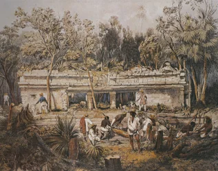 Los arqueólogos Frederick Catherwood y John Lloyd Stephens midiendo el templo de Tulum, Yucatán, México, ilustración de 