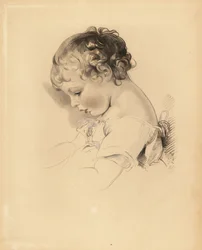 Retrato de Henry Bloxam, sobrino de Sir Thomas Lawrence. Niño en vestido con cinta azul. Grabado coloreado a mano por Frederick Christian Lewis después de una ilustración de Sir Thomas Lawrence del Cabinet of Gems de P.G. Patmore, Ackermann, Londres