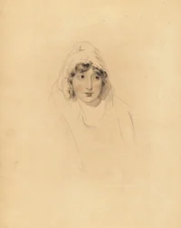 Retrato de Lady Augusta Lowther, Condesa de Fane, esposa del 1er Conde de Lonsdale. Grabado a mano por Frederick Christian Lewis después de una ilustración de Sir Thomas Lawrence del Cabinet of Gems de P.G. Patmore, Ackermann, Londres