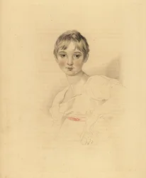 Retrato de Lucy Meredith, sobrina de Sir Thomas Lawrence. Joven preadolescente con vestido blanco y cinturón de cinta rosa. Grabado a mano por Frederick Christian Lewis después de una ilustración de Sir Thomas Lawrence del 