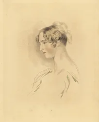 Retrato de Mary Isabella Bloxam como una joven, sobrina de Sir Thomas Lawrence. Con el cabello recogido y rizado, en un vestido con los hombros descubiertos. Grabado por Frederick Christian Lewis después de una ilustración de Sir Thomas Lawrence del Cabine