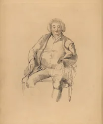 Retrato del padre de Sir Thomas Lawrence, posadero Thomas Lawrence. Hombre corpulento con peluca sentado en una silla. Grabado coloreado a mano por Frederick Christian Lewis después de una ilustración de Sir Thomas Lawrence del Cabinet of Gems de P.G. Patm