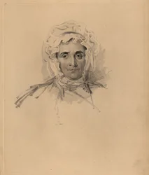 Retrato de la madre de Sir Thomas Lawrence, Lucy Read, cerca de la muerte. Con gorro y vestido de cuello alto. Grabado a mano por Frederick Christian Lewis después de una ilustración de Sir Thomas Lawrence del 
