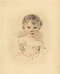 Retrato de Thomas Lawrence Bloxam, sobrino de Sir Thomas Lawrence. Vestido atado con una cinta rosa. Grabado coloreado a mano por Frederick Christian Lewis después de una ilustración de Sir Thomas Lawrence del Cabinet of Gems de P.G. Patmore, Ackermann, Lo