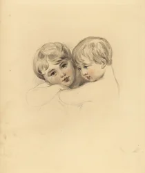 Retrato de los niños Calmeady en un abrazo. Grabado a mano por Frederick Christian Lewis después de una ilustración de Sir Thomas Lawrence del 