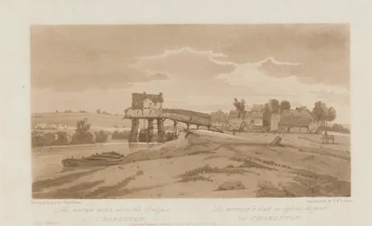 El molino de agua sobre el puente de Charenton 1803; lámina 20 de Vistas en París, calco del volumen Emanuel de la lámina B181.25.2629