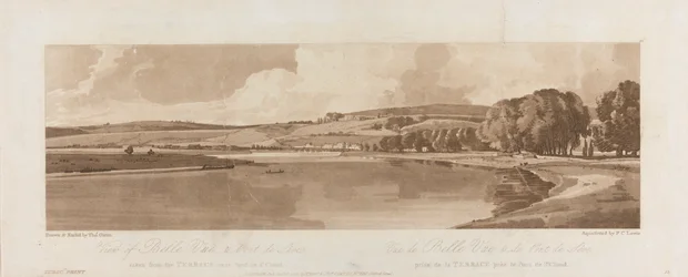 Vista de Belle Vue y Pont de Seve tomada desde la terraza cercana al Pont de St. Cloud 1802; plancha 13 Vistas de París, calco del volumen Emanuel de la plancha B1981.25.2622